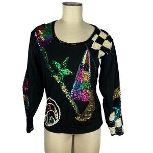 OS International Vintage Sequined Abstract Star Moon Squares Black Knit Size L